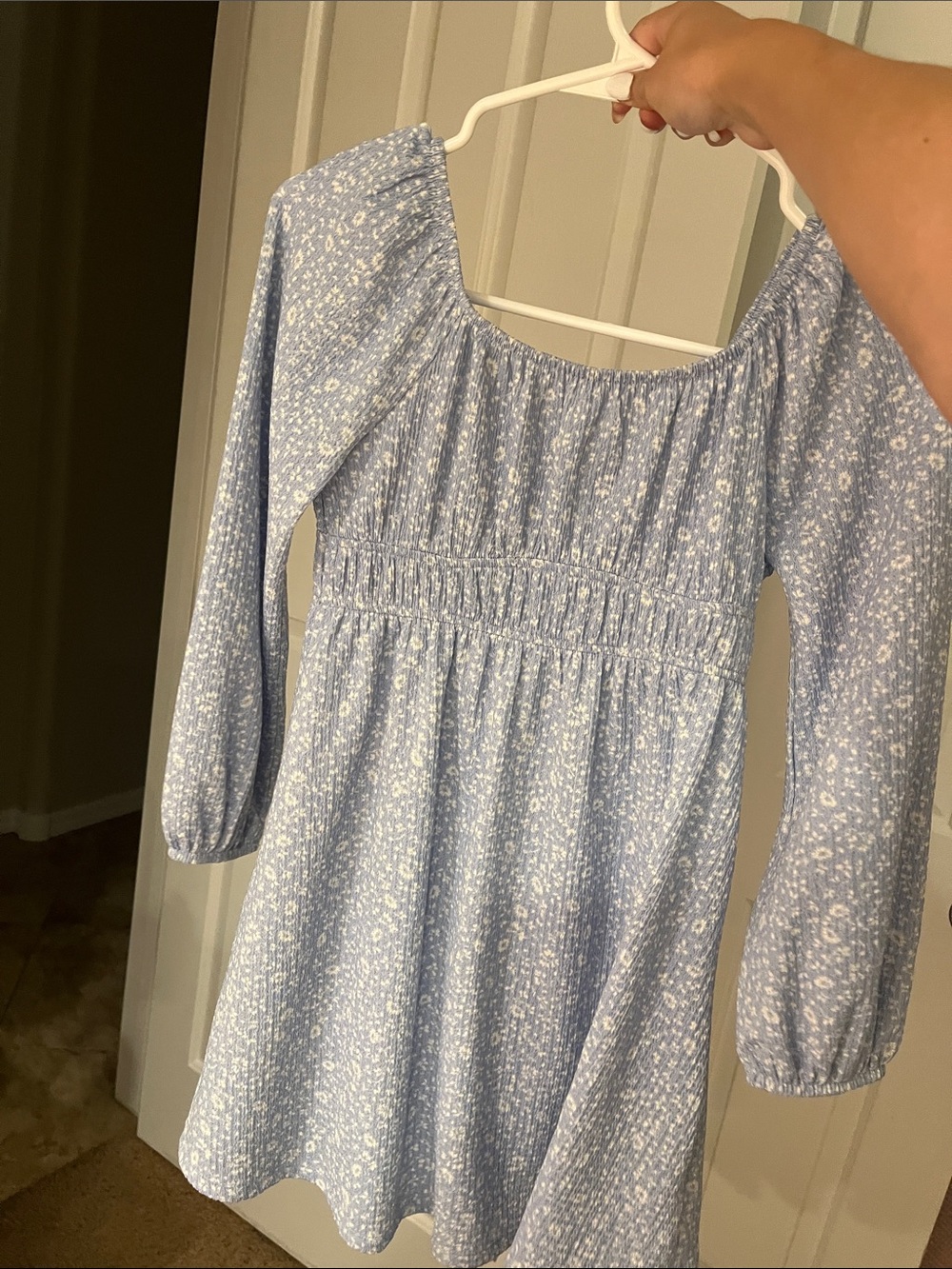 Light Blue Floral Smocked Waist Kids Dress
